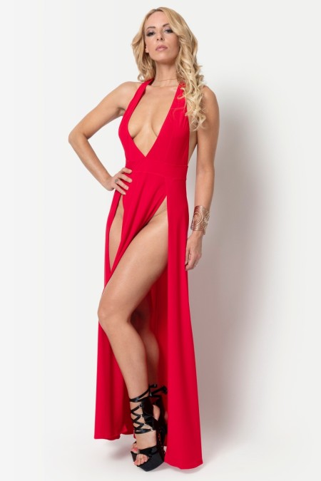 Isabella, robe longue en lycra rouge - Patrice Catanzaro Site Officiel
