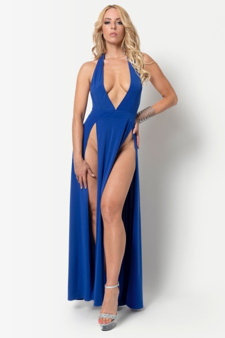 Isabella, robe longue en lycra bleu - Patrice Catanzaro Site Officiel