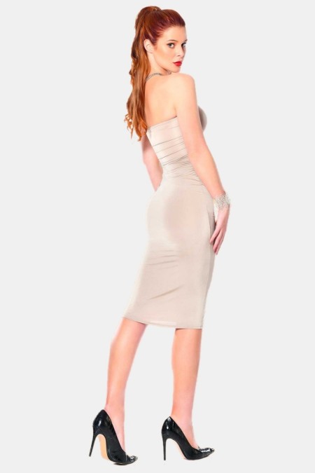 Gina, beige lycra sexy dress - Patrice Catanzaro Official Website