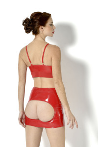 Andrea, in red vinyl, the open mini skirt by Patrice Catanzaro